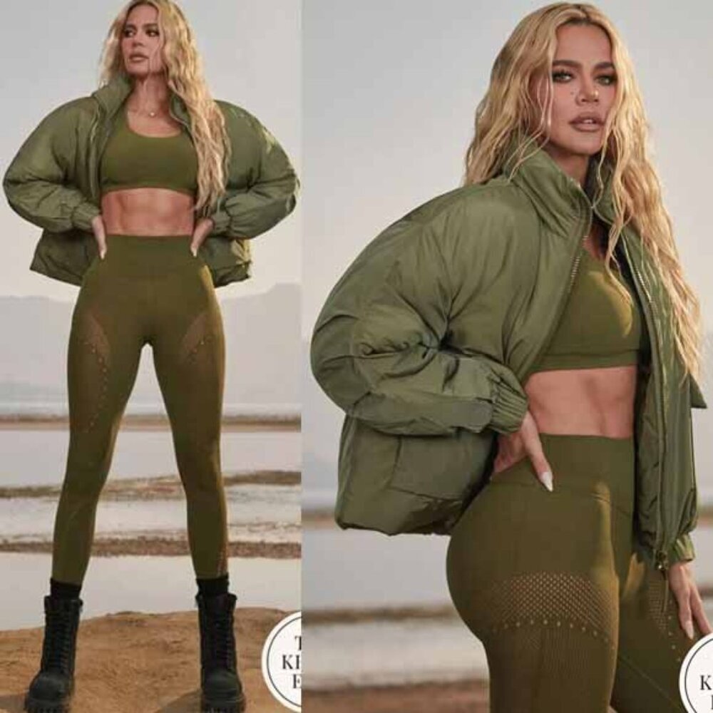 NEW Fabletics Khloe Kardashian All Weather Puffer Jacket Dark Moss Shine XXL 1X